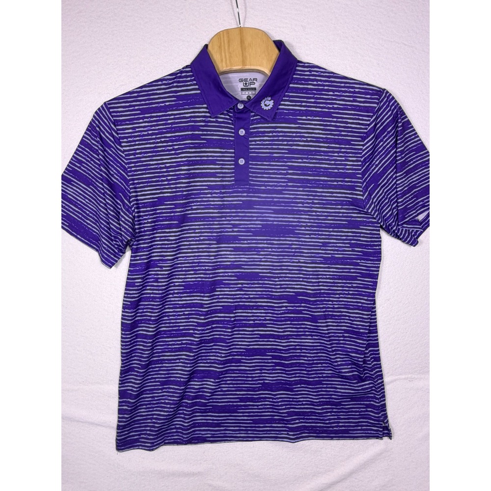 Gear Up Sport Polo Shirt Mens XL Purple Striped Short Sleeve Performance Stretch